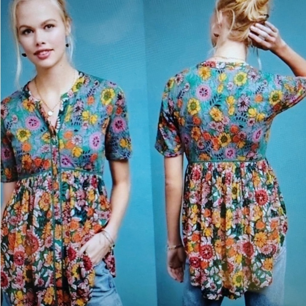 ANTHROPOLOGIE AKEMI + KIM VERIA BOHO-CHIC FLORAL FLOWY TUNIC TOP WOMEN'S SIZE L